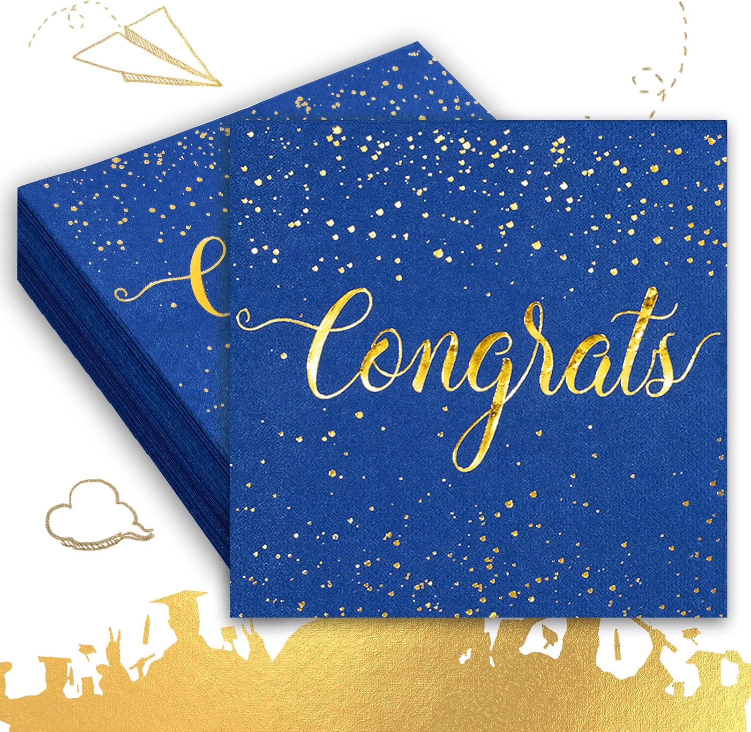 Whaline Graduation Cocktail Napkins - 80 Pack Blue & Gold Foil Congrats Design | Disposable Party Tableware