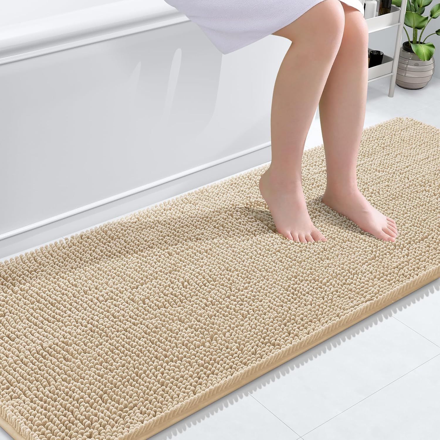 OLANLY Bathroom Runner Rug - Extra Soft Chenille with Quick Dry Rubber Backing | 70x24 Inches, Beige
