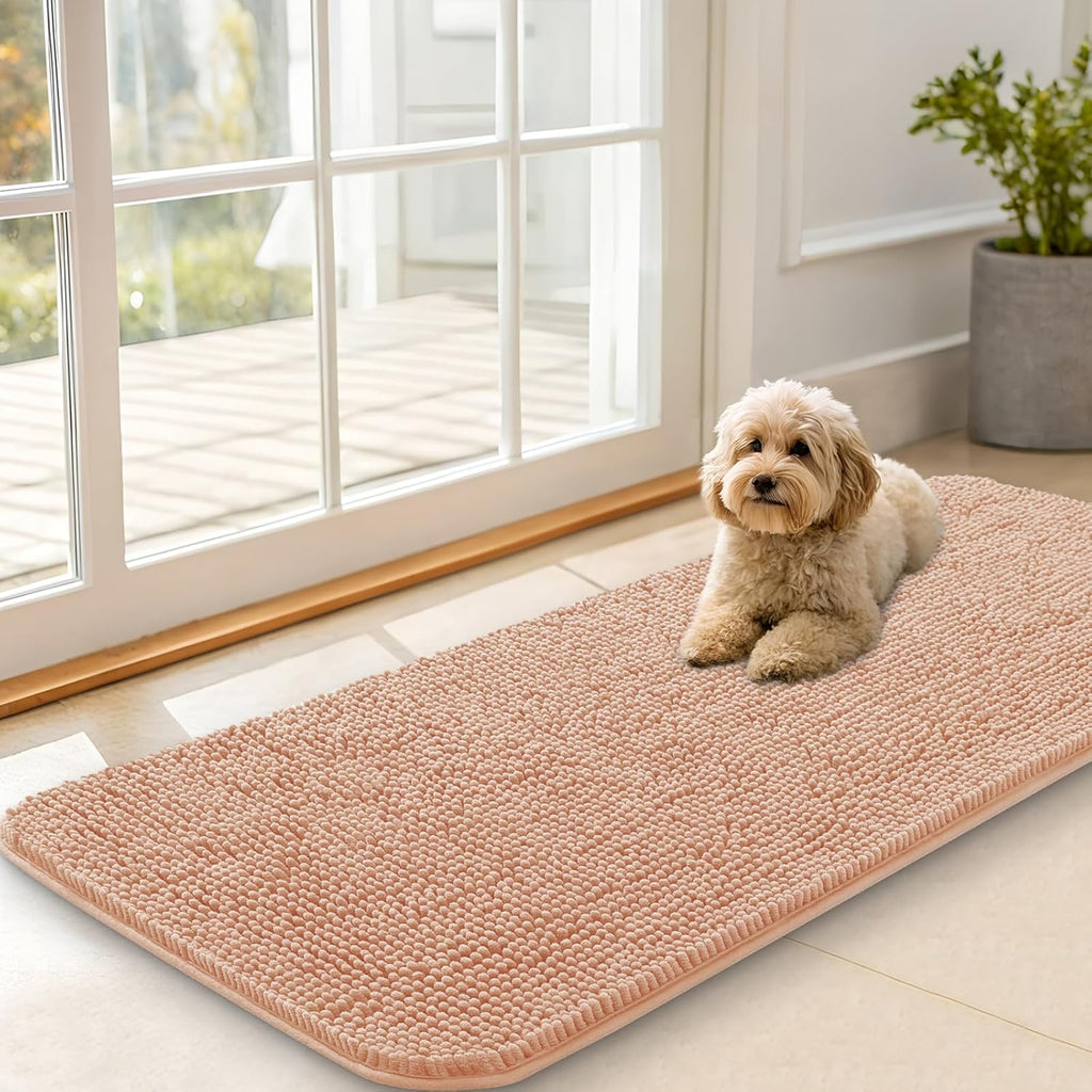 OLANLY Dog Door Mat - Absorbent Non-Slip Washable Doormat for Muddy Paws | 47x20, Quick Dry Chenille, Peach