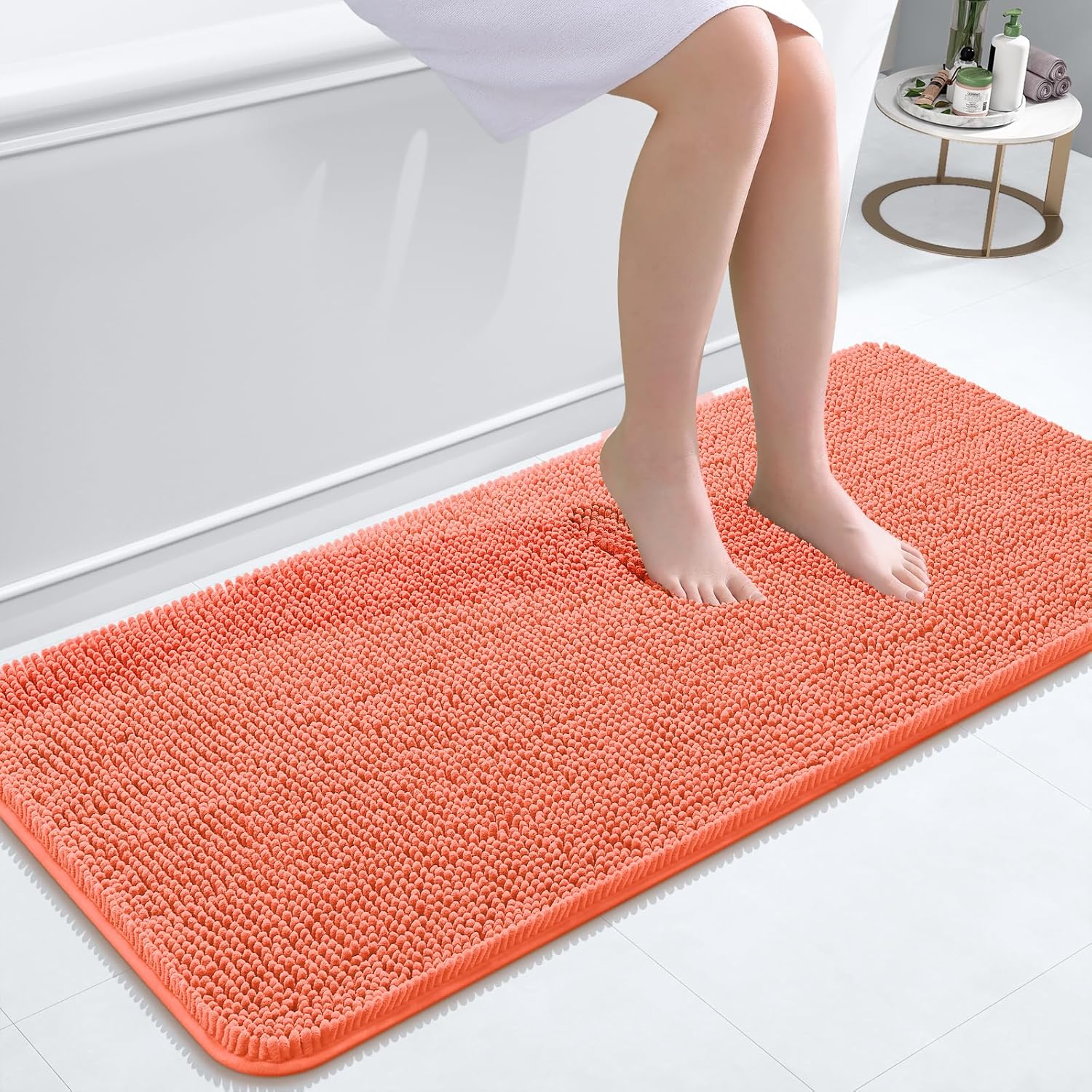 OLANLY Bathroom Runner Rugs - Extra Soft Chenille Bath Mat | Quick-Dry, Machine Washable, 47x20, Coral