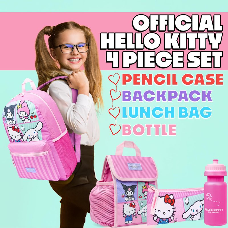 Hello Kitty Sanrio Backpack Set for Girls 4 Pcs Water Bottle Lunch Bag Pencil Case School Supplies Cinnamoroll Kuromi My Melody Gifts for Girls