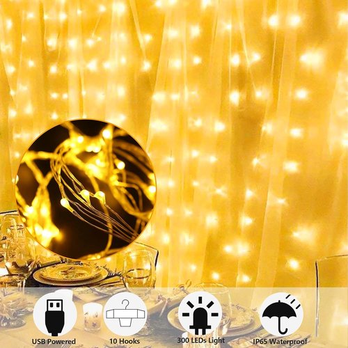 HOME LIGHTING 300 LED Window Curtain String Lights - 8 Lighting Modes, Remote Control, USB Powered | Warm White for Christmas & Weddings