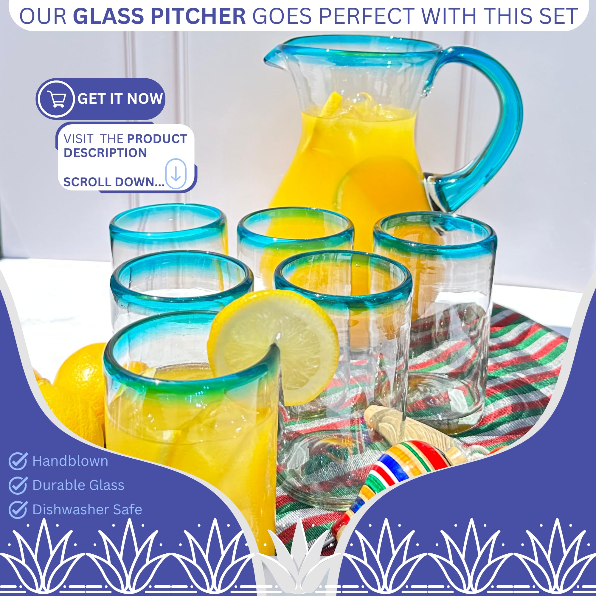 AGAVE'S GLASSWARE Glass Pitcher (84 oz) | Aqua Rim Water Pitcher | Mexican Glassware | Pitchers for Drinks | Tea Picher Juice Pitcher Lemonade Pitcher (Pera Design Aqua 84 oz)
