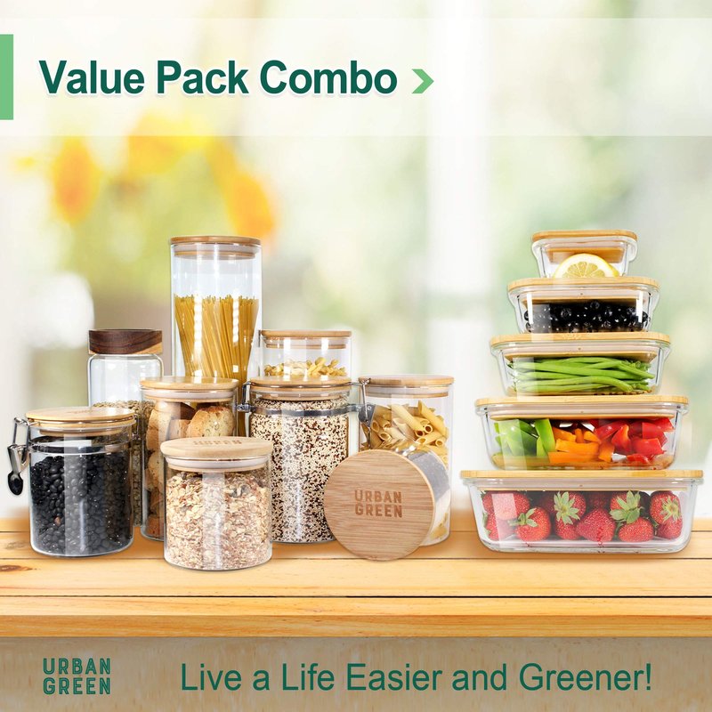Urban Green Glass Jars with Airtight Lids, Airtight Glass Canisters set, Large Food Storage Containers with Wood Lids, 2 Pack of 100oz， Dry Food Pantry Jars, Flour Containers
