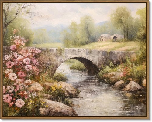 Gardenia Art Framed Canvas Wall Art - Spring Landscape with Mountain Bridge & Blooming Flowers | Perfect for Farmhouse Bedroom Decor