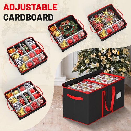 Kesfitt Christmas Ornament Storage Box - Large Organizer for 128 Ornaments with Dividers & Pockets (Black)