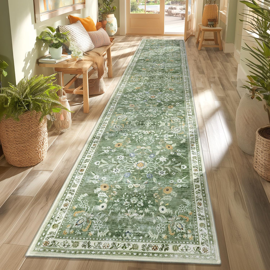 Yamaziot Washable Runner Rug 2x12 – Floral Non Slip Boho Hallway Runner Rug with Rubber Backing, Low Pile Faux Wool Distressed Carpet for Kitchen, Laundry, Bedroom, Entrance, Green