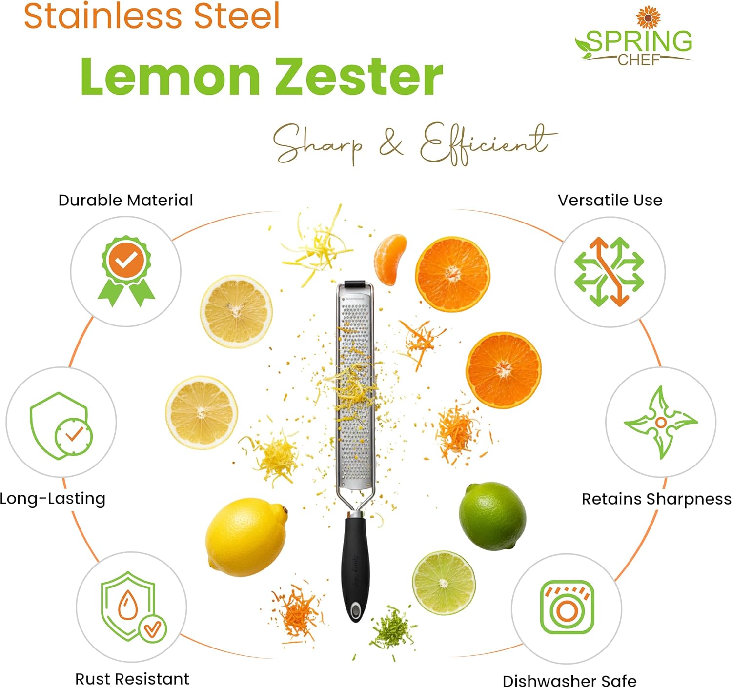 Spring Chef Stainless Steel Lemon Zester Grater - Heavy Duty Citrus Tool with Handle | Fine Shred, Black