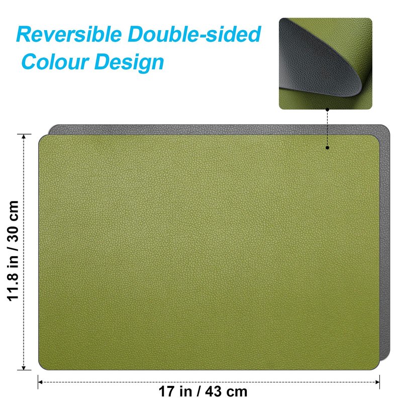 Placemats Set of 6, Two Sided placemat with Coaster -Waterproof - Heat Resistant - Wipe Clean - Anti Slip Dining Table Place Mats, Suitable for Indoor & Outdoor Use(Green & Gray)
