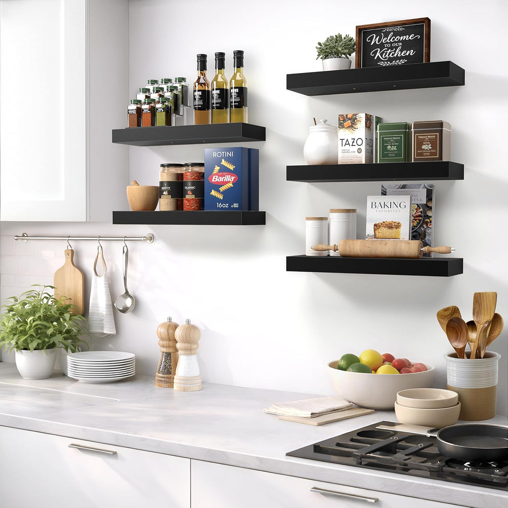 Sorbus Floating Shelves - 16 Inch Wall-Mounted Shelves for Kitchen, Bedroom & Bathroom | Black, 2 Pack