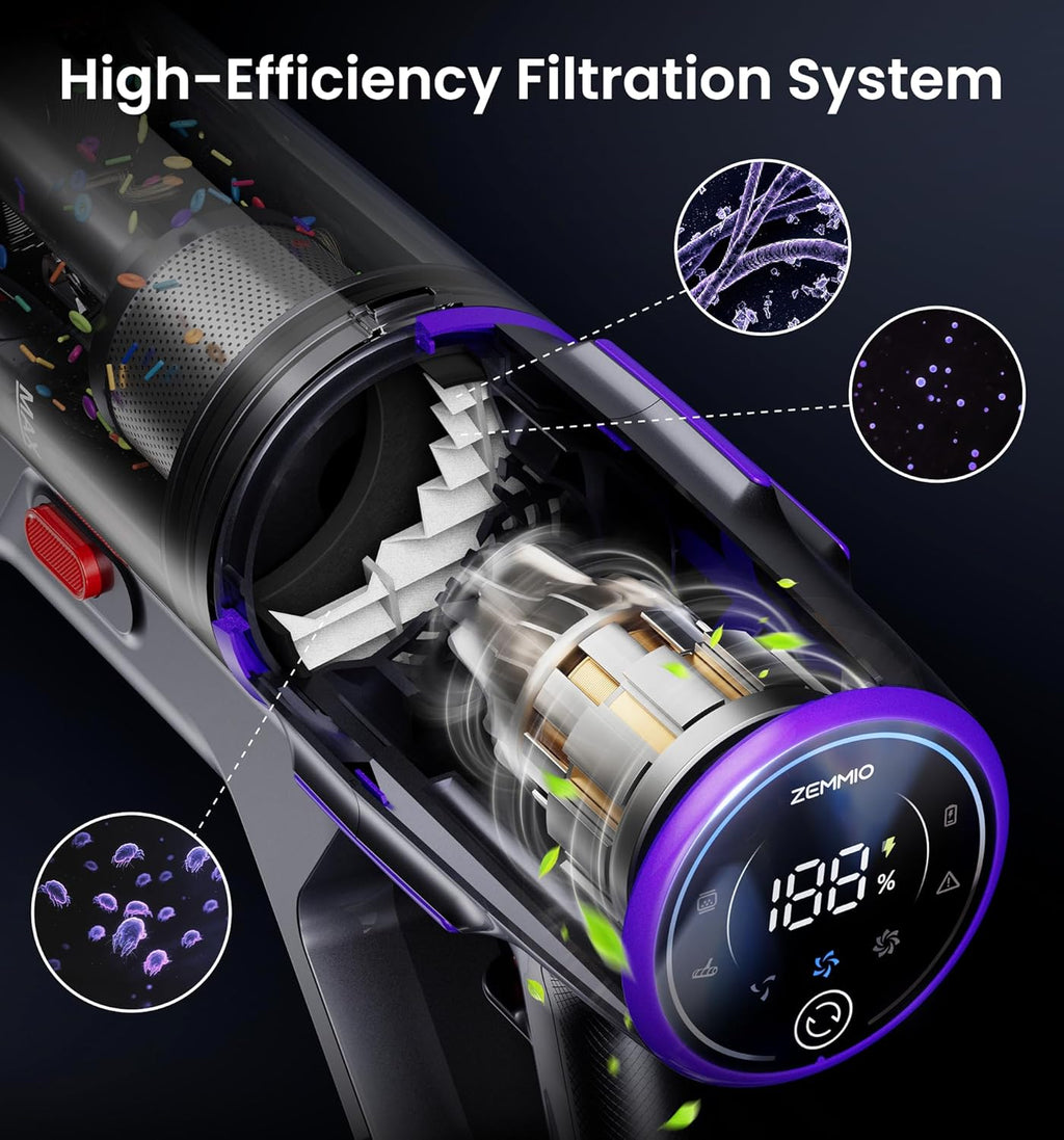 Skiennix Cordless Vacuum Cleaner - 650W, 55KPA Suction, 80 Minutes Runtime, Smart Display, Anti-Tangle Brush