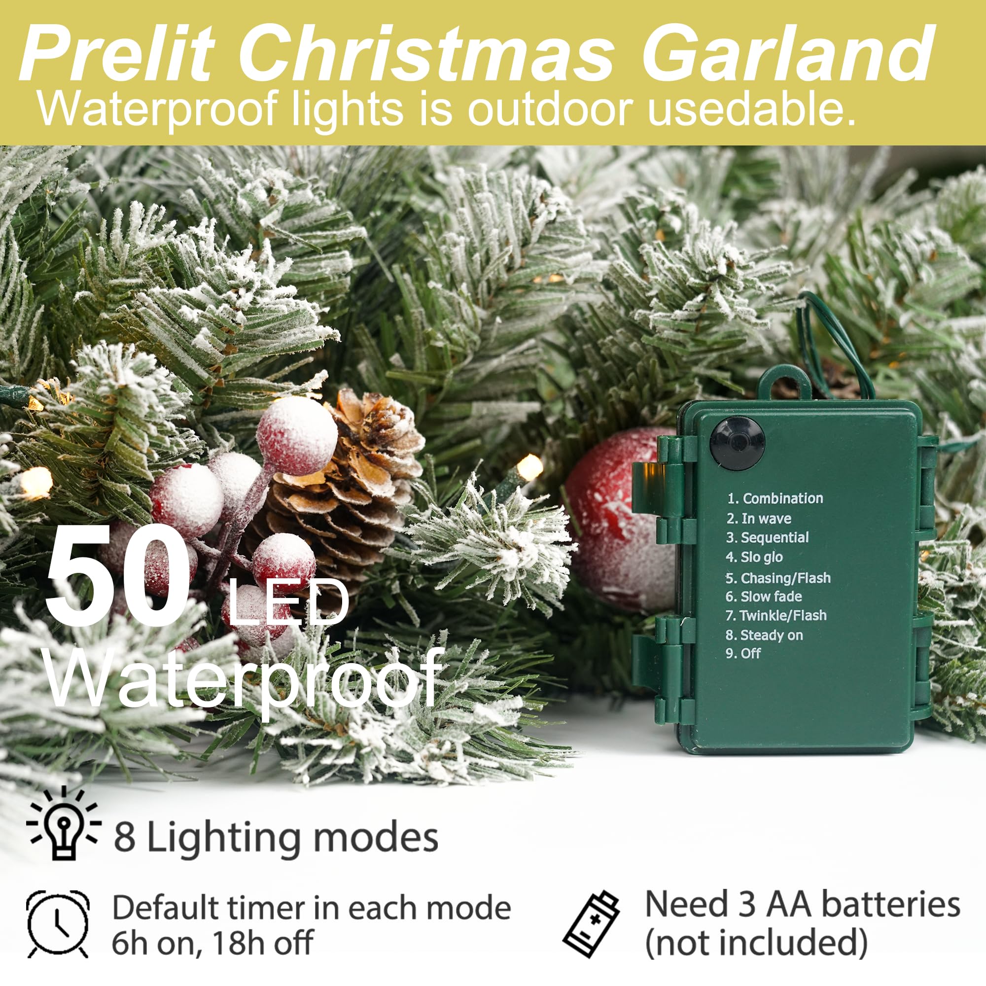 Christmas Garland Flocked 9ft with 50 Lights, Christmas Decor with Pine Cone Red Balls & Berries 50 Light Timer for Mantle Staircase Indoor and Outdoor