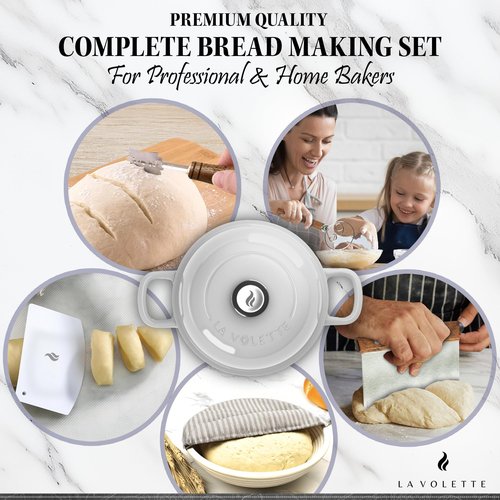 Enameled Cast Iron Bread Pan With Lid 9 Piece Complete Bread Baking Set | Dutch Oven for Bread Baking | 10 Inch Bread Oven with Lid | Thick Enamel | Silicone Baking Mat | Banneton | 6 Quart (white)