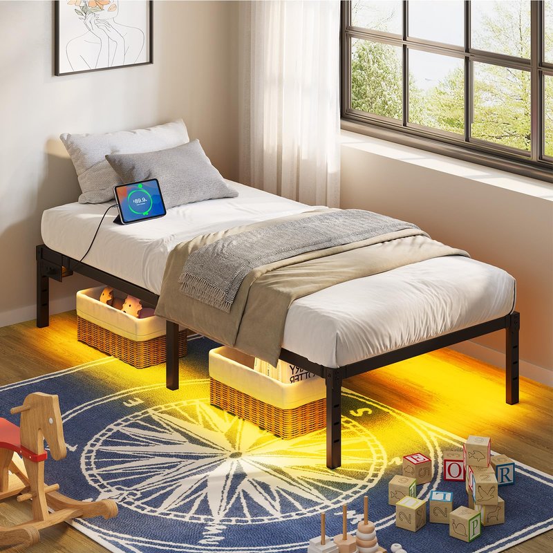 Rolanstar Bed Frame with USB Charging Station, Twin Bed Frame with LED Lights, Platform Bed Frame with Heavy Duty Steel Slats, 14" Storage Space Beneath Bed