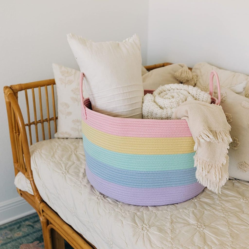 OrganiHaus Rainbow Blanket Basket - Extra Large Woven Toy Organizer & Storage Bin | 20"x13" Soft Round Design