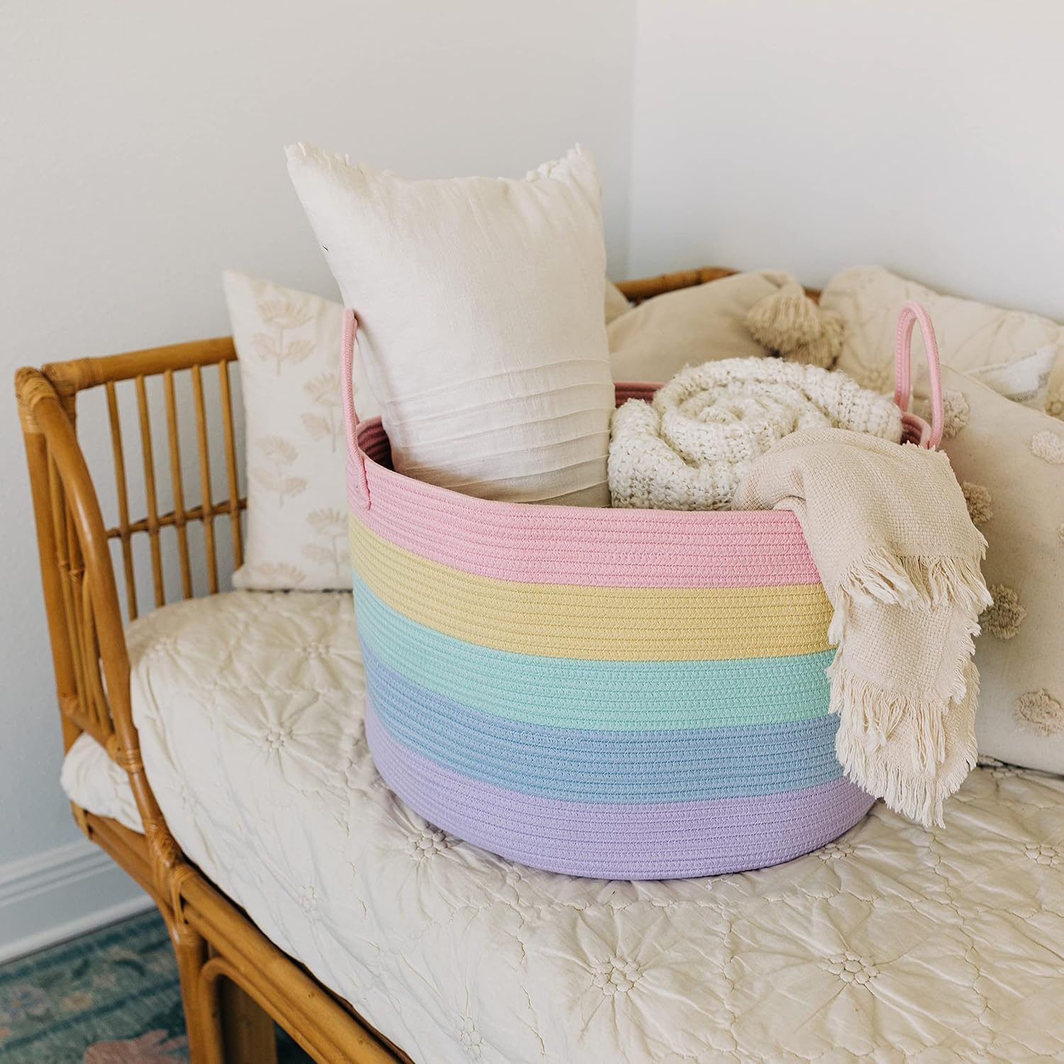 OrganiHaus Rainbow Blanket Basket - Extra Large Woven Toy Organizer & Storage Bin | 20"x13" Soft Round Design