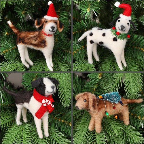 Juegoal Christmas Felt Dog Ornaments - Set of 4 Cute Wool Puppy Hanging Decor for Holiday Wreaths