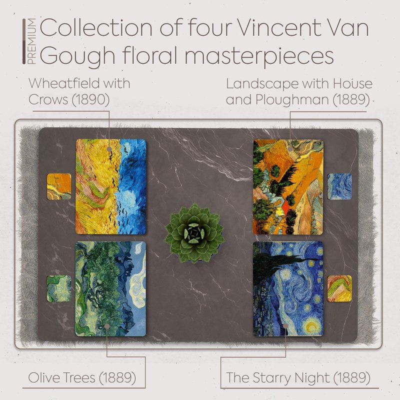 Moderry Set of 4 Heat Resistant Cork Placemats for Dining Table with Free Set of 4 Matching Drink Coasters Van Gogh Art Design 16 x 12 Inches Cork Backed Hard Placemats (Horizons of Light and Shadow)