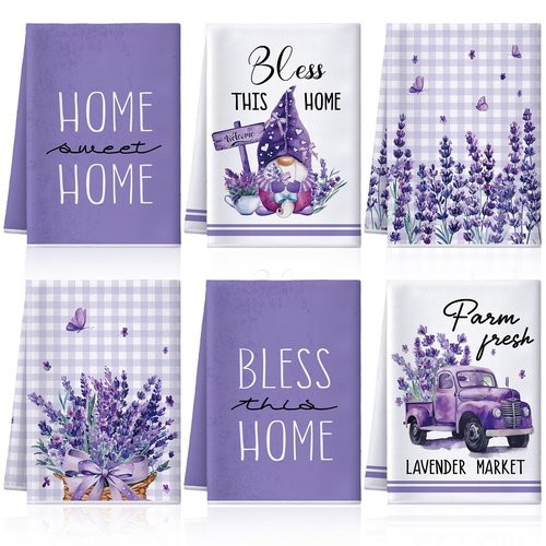VitalCozy 6 Pcs Lavender Summer Kitchen Towel Set Funny Housewife Farmhouse Rustic Bath Hand Towel for Holiday Bathroom Gift, 24 x 16 Inches(Purple,Lavender)