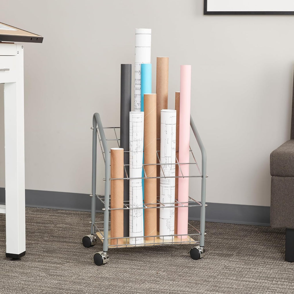 Safco Tubular Steel Wire Roll File Cart - 20 Compartment Rolling Organizer for Blueprints & Maps