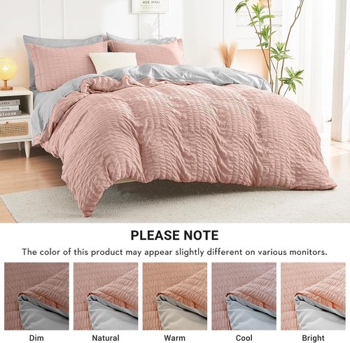 HYMOKEGE California King Comforter Set - Luxury 7-Piece Seersucker Bedding in Rose Gold & Light Grey