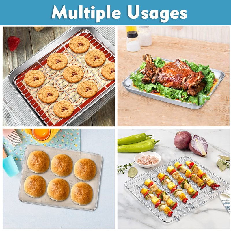 P&P CHEF 10.4 Inch Baking Oven Sheet Pan with Rack & Mat for Cookie, Stainless Steel Oven Sheet Tray Cooling Rack and Silicone Mat for Baking & Roasting, Dishwasher Safe & Healthy, 3Pcs