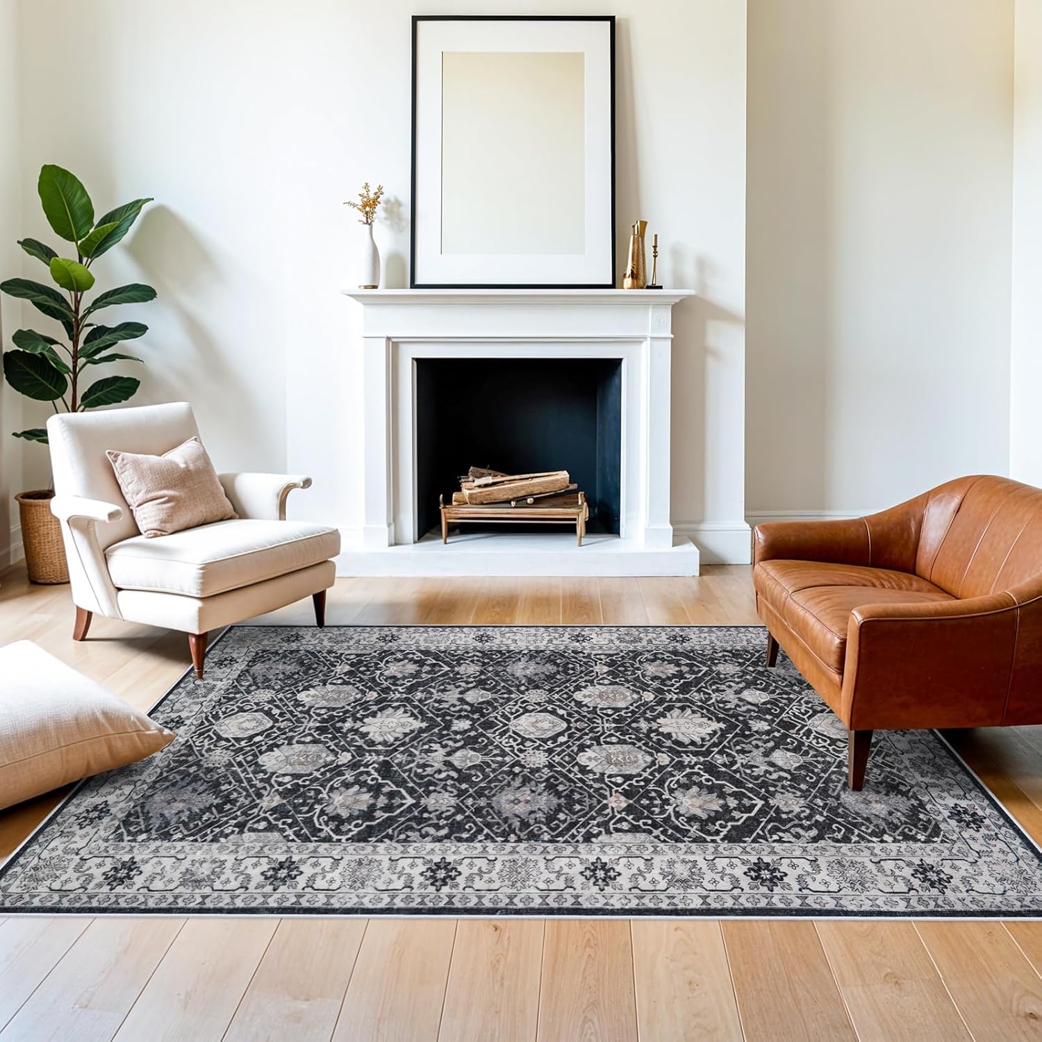 Skiennix 5x7 Living Room Area Rug - Washable, Non-Slip, Stain Resistant Vintage Soft Carpet | Black
