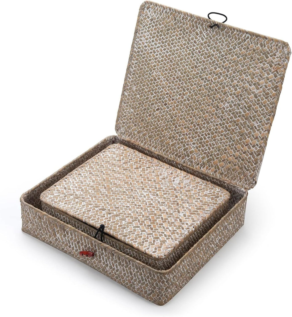 Seagrass Storage Baskets - Woven Decorative Baskets with Lid for Organizing | Whitewash Finish
