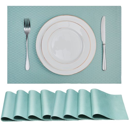 Homejoy Place Mats Set of 8 – Rectangle Rectangular Waterproof Fabric Polyester Cloth Washable Wipeable Heat Resistant Placemats for Kitchen Dining Dinner Table Indoor 13 x 19 Inch Turquoise