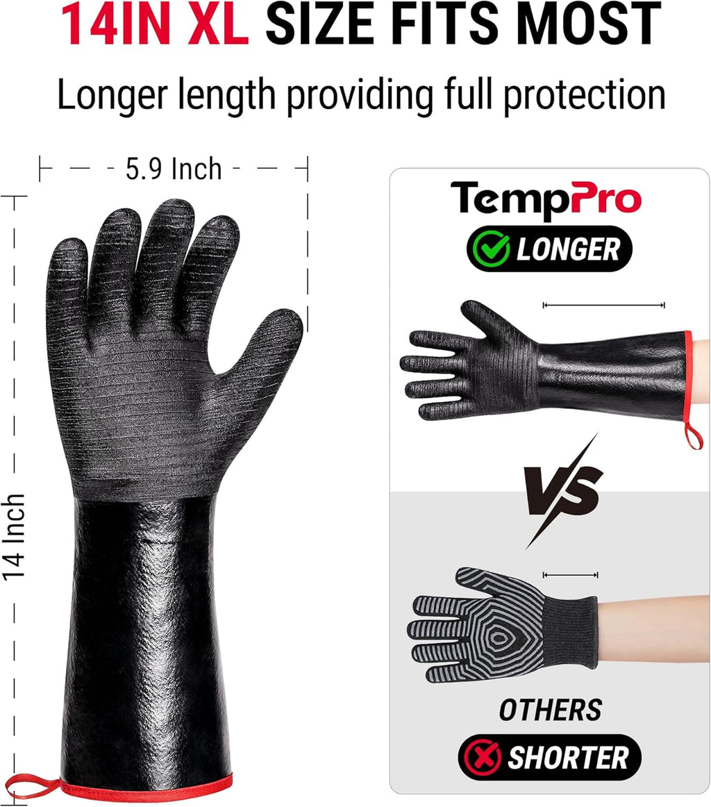 TempPro Heat Resistant BBQ Gloves - 932°F Waterproof Neoprene Oven Mitts | Slip-Resistant, 14" for Grilling & Fire Pit Use