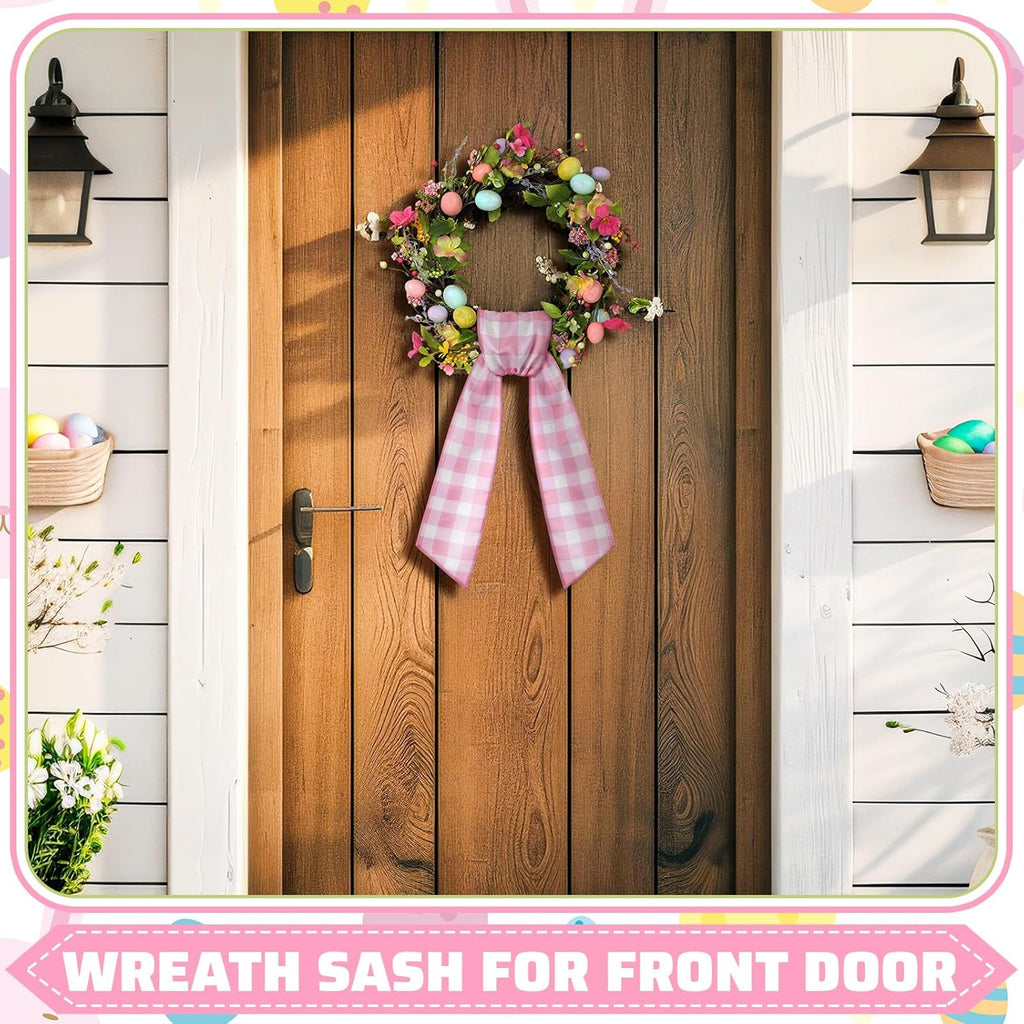 VitalCozy Wreath Sash Set - Chinoiserie Easter Spring Decor | 4.5" W x 56" L in Pink Grid