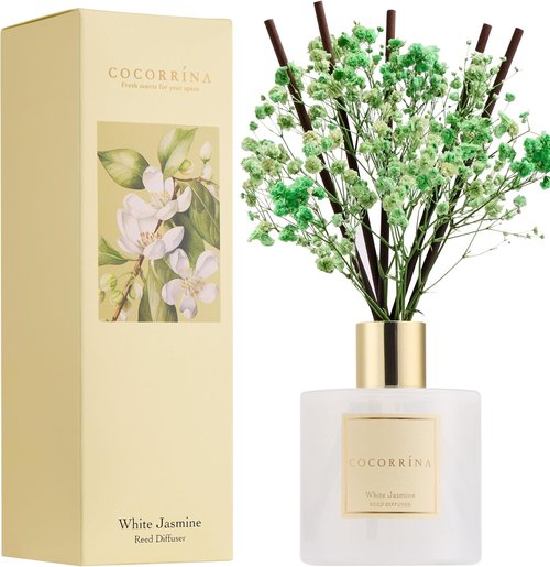 COCORRÍNA Reed Diffuser - White Jasmine Scented Set with Sticks & Preserved Baby's Breath | 6.7 Fl. Oz for Home Decor