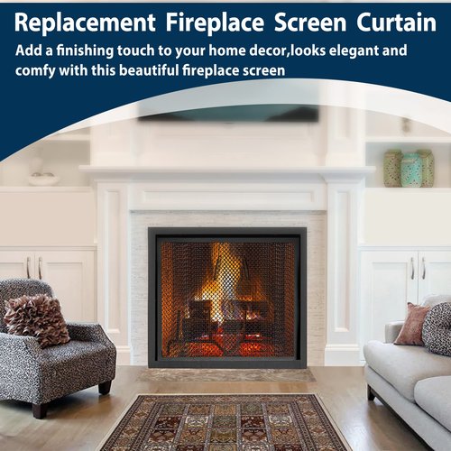 Pearwow Fireplace Mesh Screen Curtain,Two 24" Wide x 20" High Panels,Hanging Replacement Screens for Home Wood Burning Fireplaces,Black