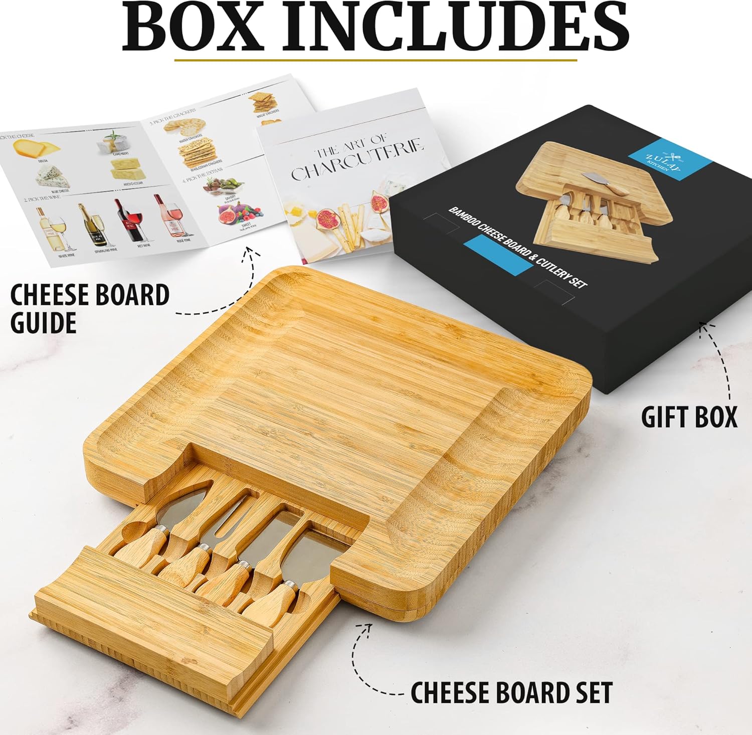Zulay Kitchen Premium Bamboo Cheese Board Set - Extra Thick Charcuterie Board with 4 Knives | Perfect for Wine & Cheese Lovers