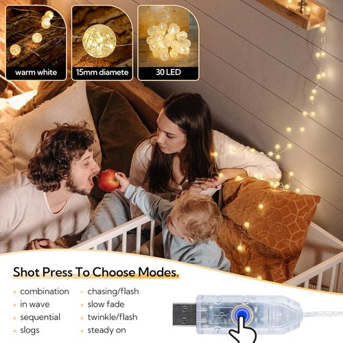 Globe String Lights - 10FT 30 LED Decorative Fairy Lights | 8 Modes Crystal Crackle Balls - Warm White