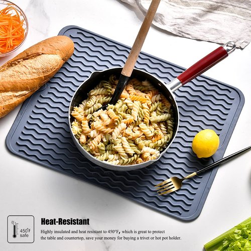Silicone Dish Drying Mat, Non-Slip Easy Clean Sink Mat Large Heat-resistant Dish Drainer Mat for Kitchen Counter, Sink, Refrigerator or Drawer liner (18" x 16", GREY)