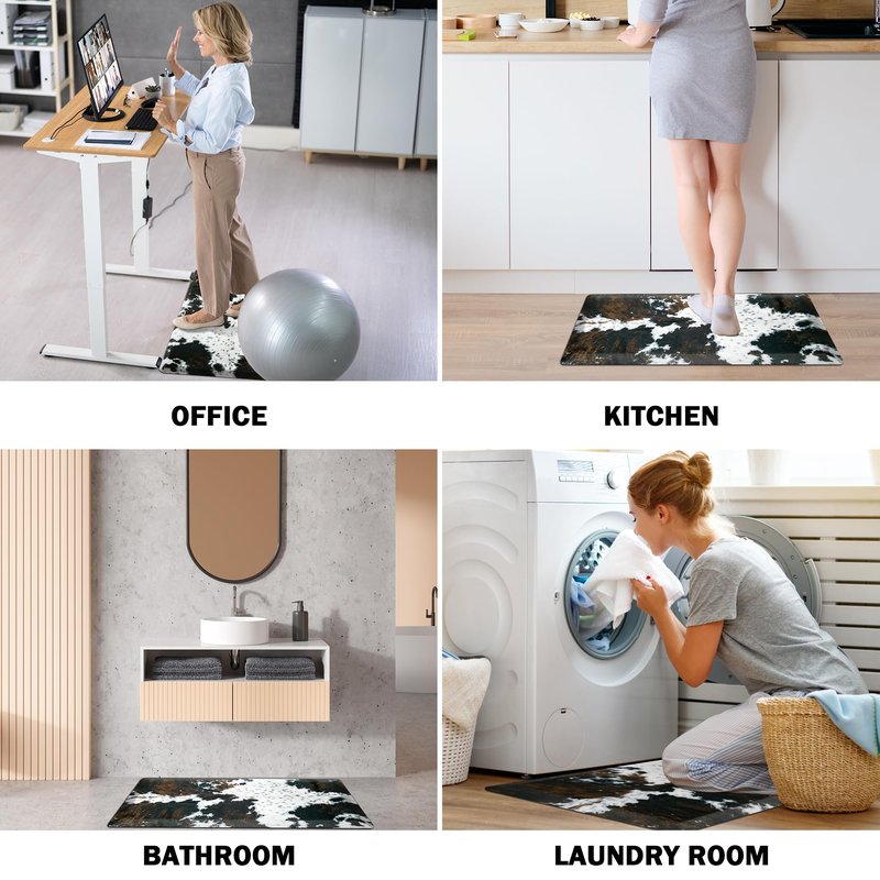 Tyrot Cowhide Kitchen Mat Cushioned Anti Fatigue - 1/2 Inch Thick Western Cow Kitchen Mats for Floor, Non Slip PVC Waterproof Standing Desk Ergonomic Comfort Rugs for Sink, Office, Laundry, 17.3x39