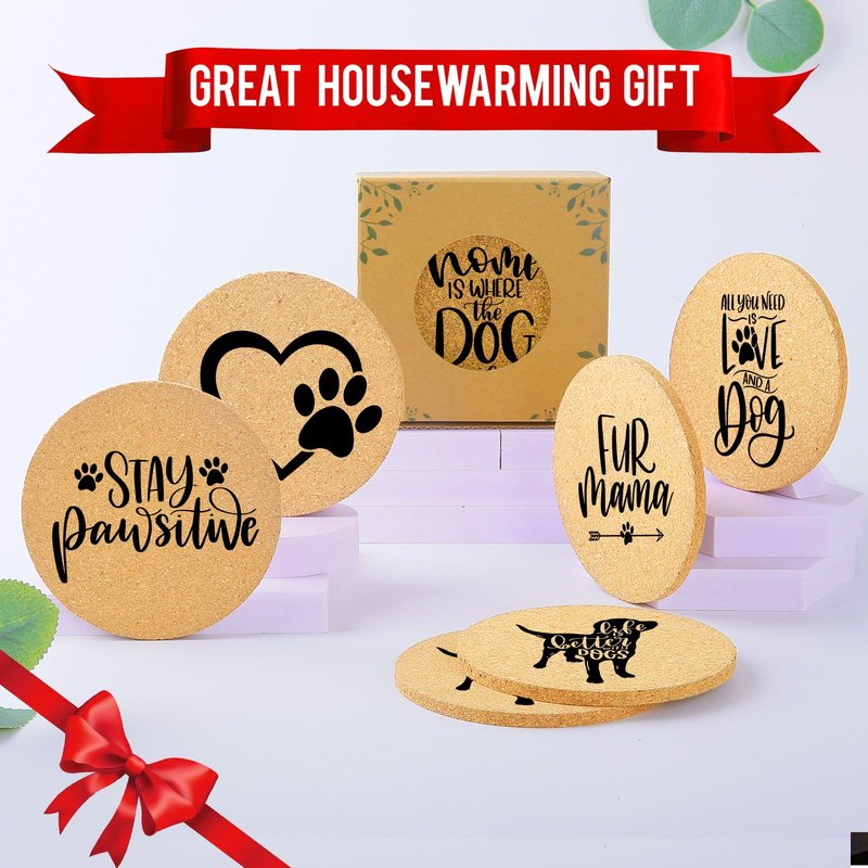 Cegkuc Coasters for Drinks with Set of 6, Cute Dog Coaster for New Home Couples House Warming Gifts Absorbent Paw Cork Wood Bulk for Cup Desk Coffee Table Office Kitchen Decor, Round 4"