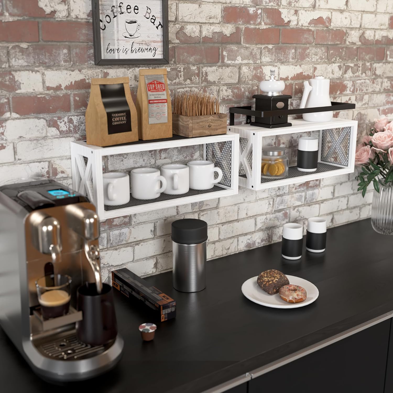 RICHER HOUSE Floating Shelves - Rustic Wall Décor with Guardrail for Bathroom & Kitchen | White