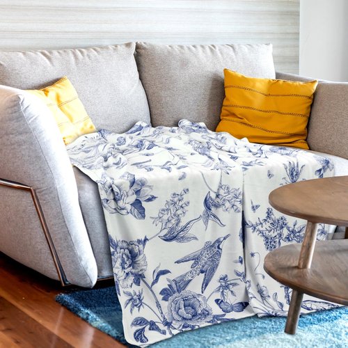 Mindsoft Blue White Flower Blanket Butterfly Soft Throw Blanket Country French 60"x50" Blanket Washable for Spring Summer Fall Party
