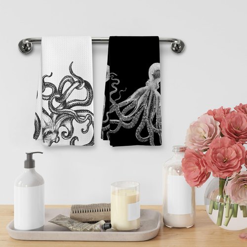 XNXLDYLH Coastal Octopus Decor Dish Hand Tea Towels for Bathroom Kitchen, Octopus Ocean Nautical Beachy Bathroom Decor, Black and White Coastal Nautical Kitchen Towels and Dishcloths Sets of 2,16x24In