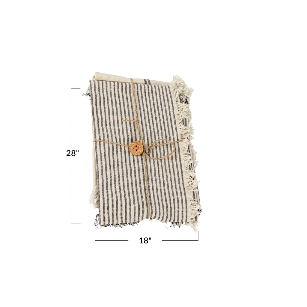 Large Woven Cotton Tea Towel with Stripes and Fringe Design for Kitchen, Natural and Black, Set of 2