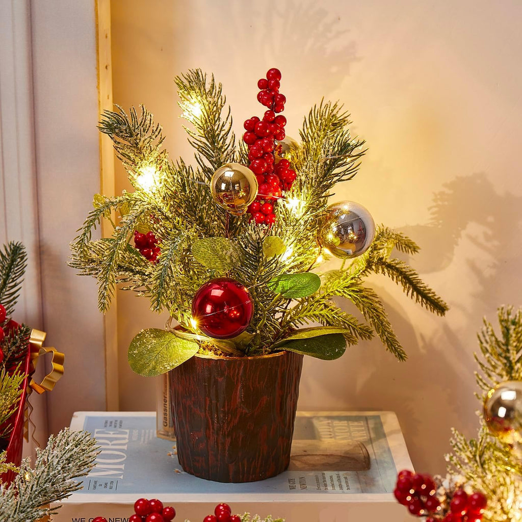 Skiennix Mini Christmas Tree - Festive Tabletop Decoration with Lights & Ornaments | Perfect for Holiday Parties