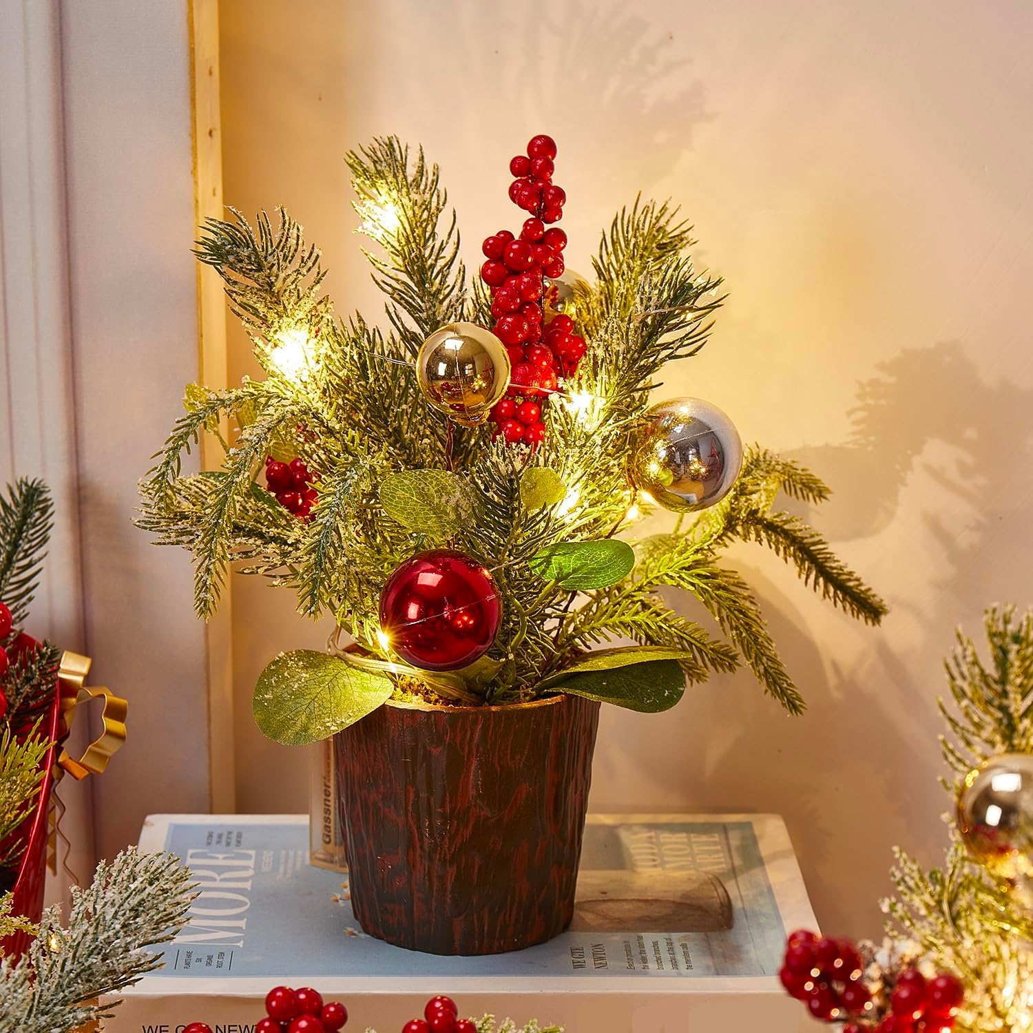 Skiennix Mini Christmas Tree - Festive Tabletop Decoration with Lights & Ornaments | Perfect for Holiday Parties