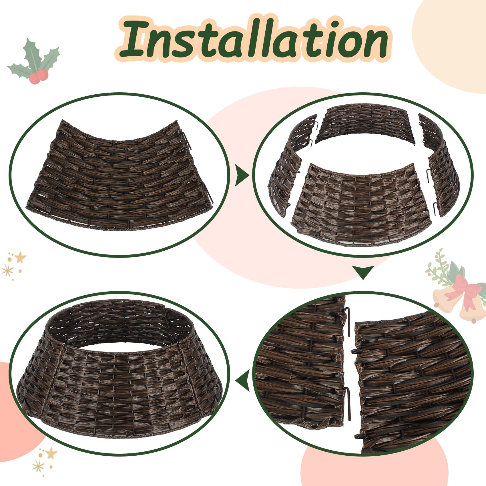 Christmas Tree Collar 23'' D Handmade Artificial Rattan Wicker Tree Collar Basket Christmas Woven Tree Ring Stand Base Cover for Holiday Decoration-Round Brown