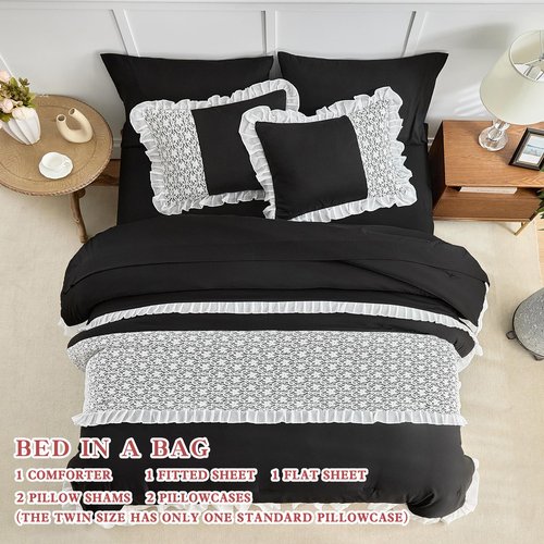 Joyreap Lace Ruffle Bed in a Bag Black, Twin Size 6pcs Chiffon Ruffled Comforter Sheet Set, Princess Style Luxury Microfiber Bedding Comforter Set for All Season