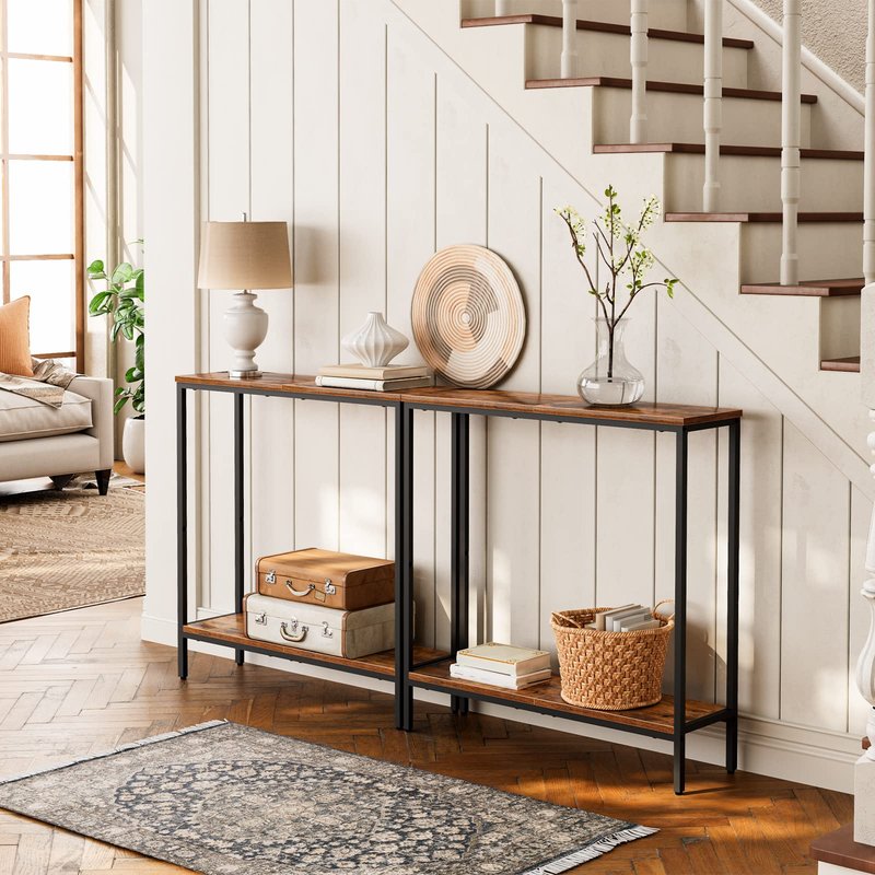 HOOBRO 29.5" L Narrow Console Table, Sofa Table Behind Couch with 2-Tier Storage Display Shelves, 8.7" D Small Entryway Table for Hallway, Foyer, Living Room, Bedroom, Rustic Brown and Black BF22XG01