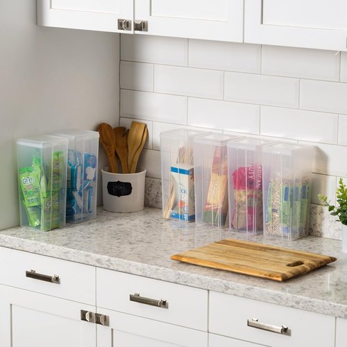 IRIS USA Vertical Storage Containers - Stackable Plastic Bins with Lids for Home & Office Organization | Clear, 6 Pack