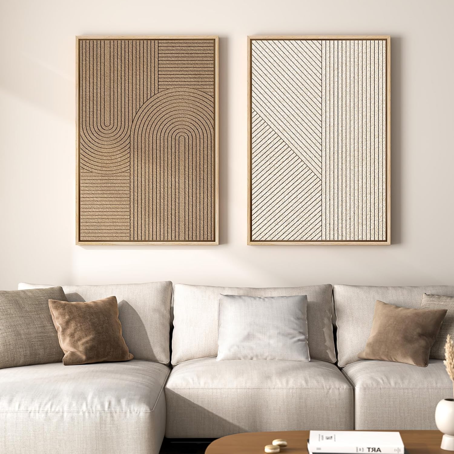 Skiennix 3D Textured Wall Art Set - 2 Piece Modern Abstract Paintings for Living Room | 24x36 In Beige Brown