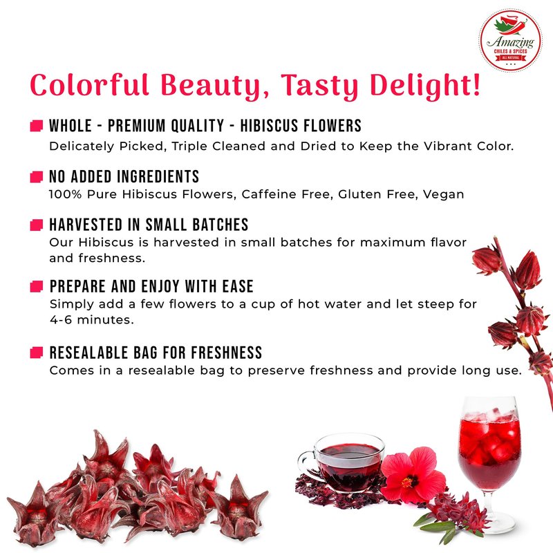 Hibiscus Flowers 2lb (32oz) – All Natural, Triple Cleaned - Whole Soft Flowers and Petals - Flor de Jamaica. Great for Hot or Iced Tea and Agua Fresca. By Amazing Chiles and Spices